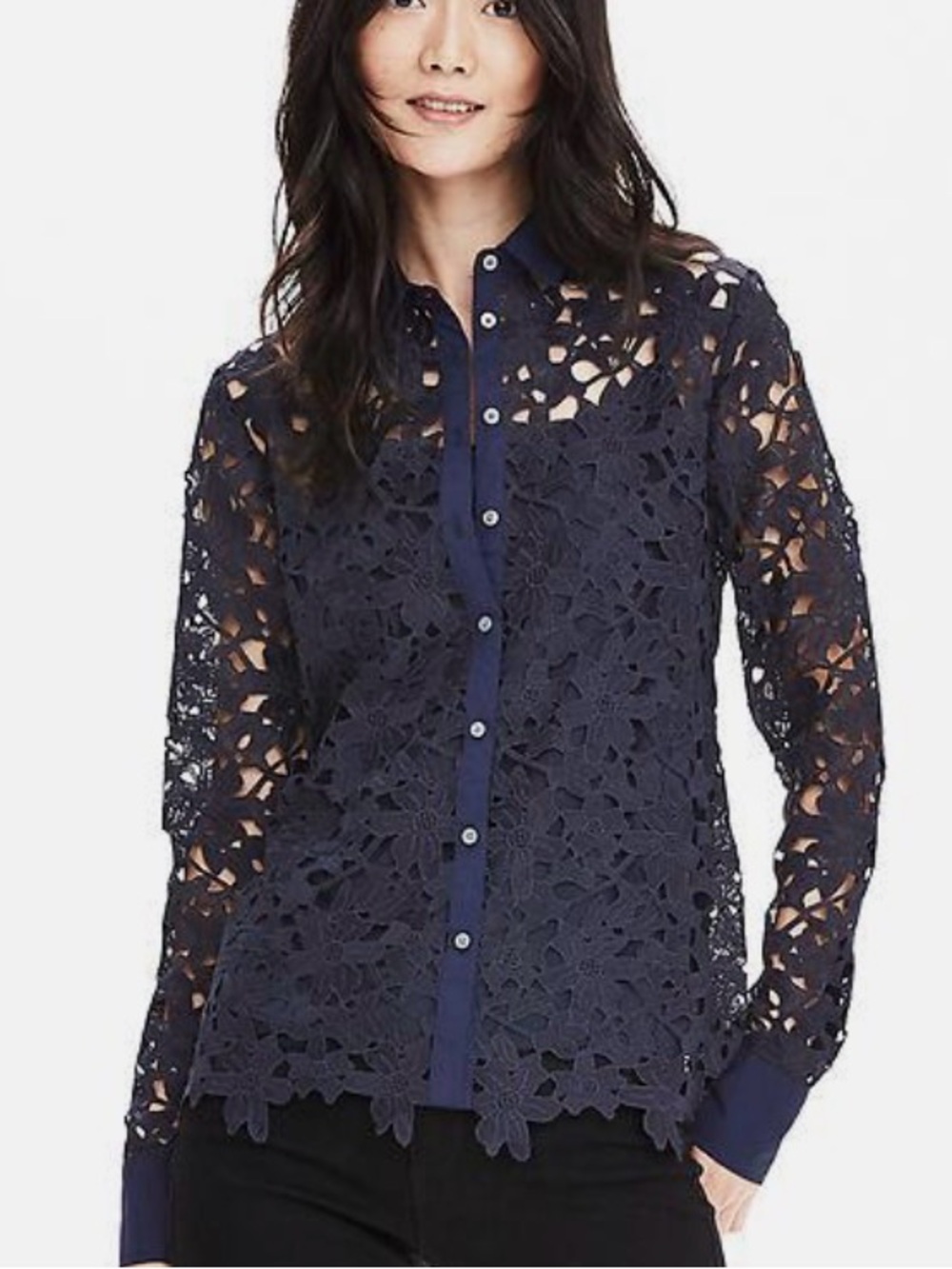 Banana Republic Navy Floral Lace Button-Down Shirt